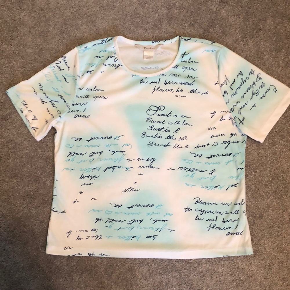 TanJay Petites White and Blue T-Shirt With Cursive Writing